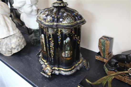 A Victorian papier mache combined jewellery and needlework casket, 17in. height 22in.